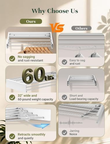 32'' Wall Mounted Clothes Drying Rack, Foldable & Collapsible Wal...