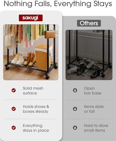 Sakugi Double Rod Clothes Rack Mesh Shelf & Hooks, 28.7x16.5x59.1, Black
