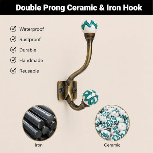IndianShelf 6 Colorful Decorative Ceramic Iron Heavy Duty Double Coat Hooks
