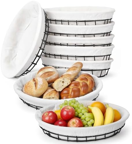 6 Pack Oval Metal Wire Baskets with Liner Cloth for Table Serving 9.5 x 6.2 x...