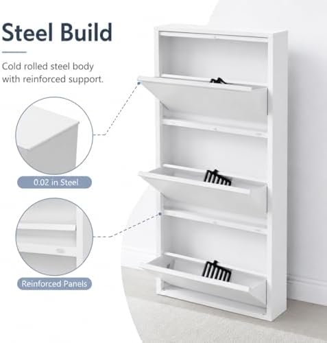 Wall Mounted Shoe Storage Cabinet, 3 Tiers 20 Inch Shoe Cabinet, White Flip-D...