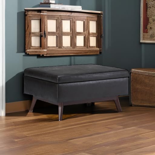 SIMPLIHOME Owen 34" Wide Vegan Leather Rectangle Lift Top Ottoman in Black