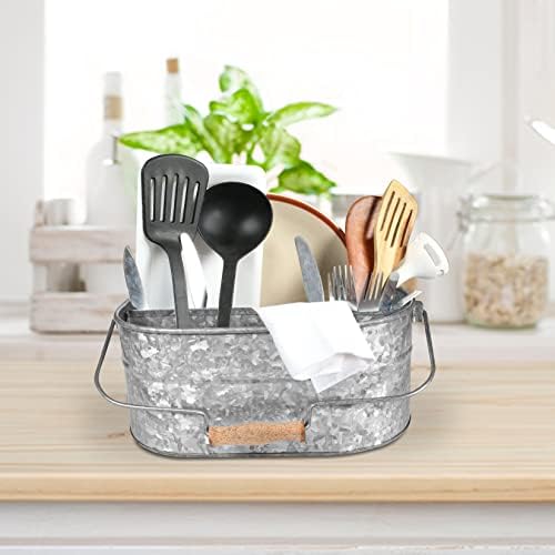 Goroly Home Galvanized Metal Caddy Storage Bin with Wooden Handle, 4 Compartm...