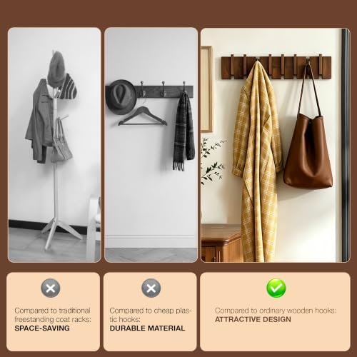 QUELLANCE Wood Coat Rack Wall Mount, Coat Hooks Hanger Wall Mounted, Heavy Du...
