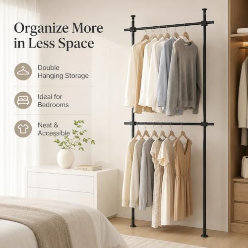 2 Tier Floor to Ceiling Clothes Rack, Clothes Storage Hanger