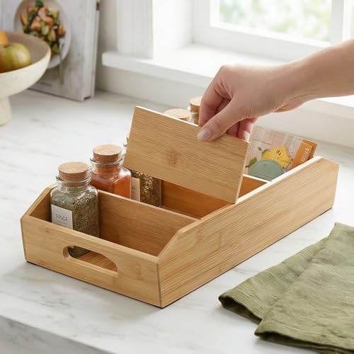 Pumtus 2 Pack Bamboo Pantry Organizers, Storage Bin with Removable Dividers, ...