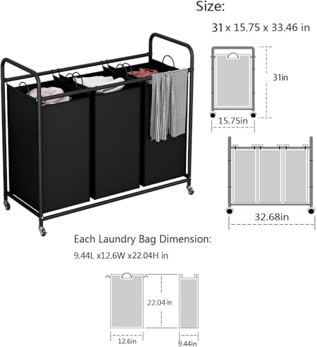 LINZINAR 3 Section Laundry Hamper Sorter, Black Laundry Basket with Wheels