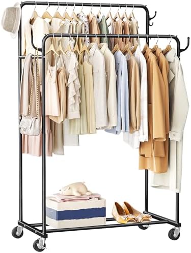 Clothes Rack, Rolling Clothing Rack with Double Rods for Hanging Clothes, Por...