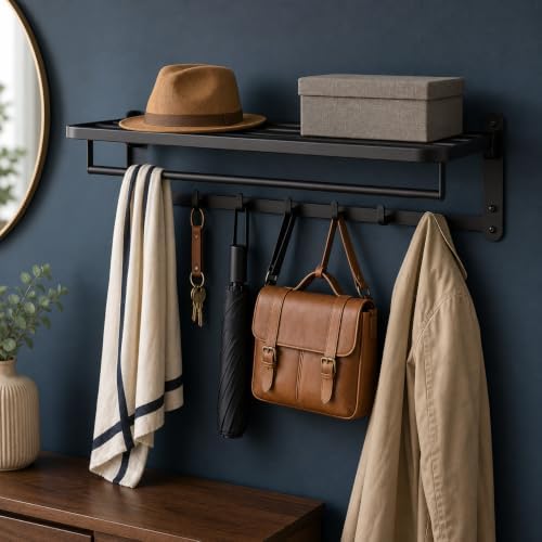 ROSHAN 24 Inch Foldable Towel Rack with Shelf, Wall Mounted, Matte Black