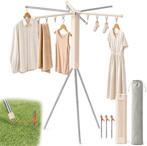Foldable Tripod Clothes Drying Rack, 6-Pole Stand with 12 Clips
