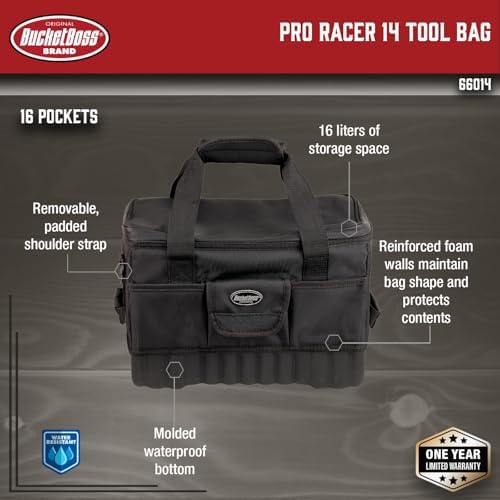 Bucket Boss Pro Racer 14 in. Tool Bag with Heavy-Duty Waterproof Racetrack Zi...
