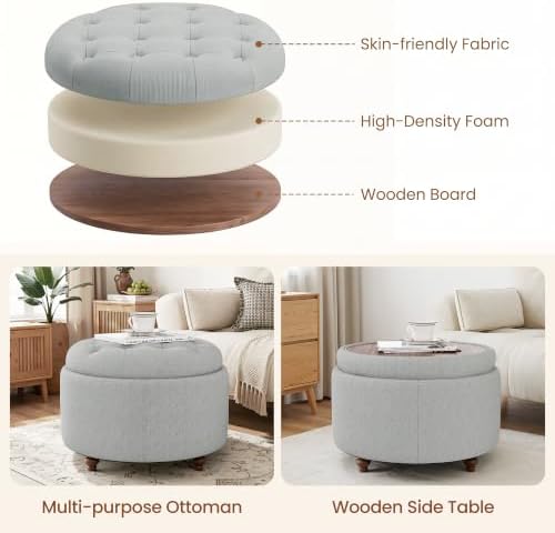 25" Round Ottoman with Storage, Small Coffee Table with Reversible Tray Lid