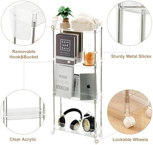 VECELO Acrylic 4-Tier Rolling Cart, Slim Utility Cart for Storage, Mobile Sto...
