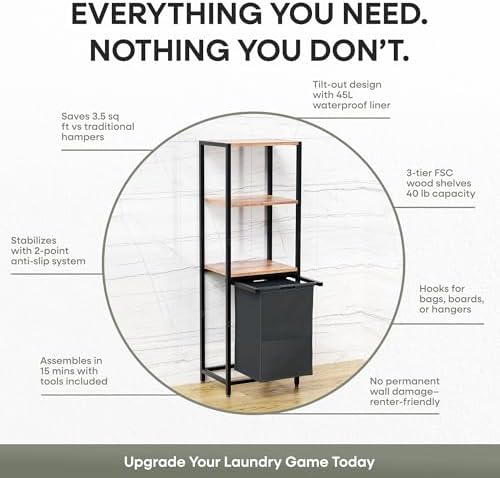 Tilt-Out Laundry Hamper with Shelf – 3 Tier Laundry Organizer with Waterproof...