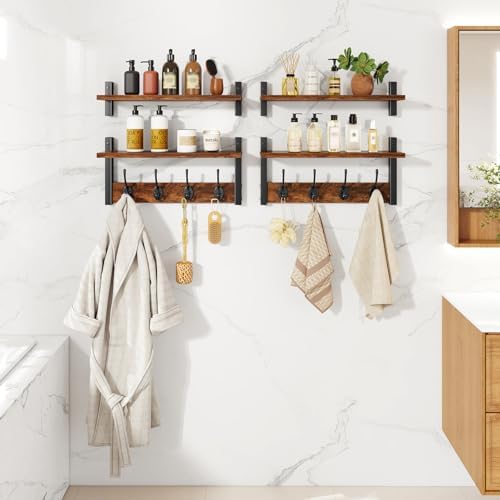 Double Shelf Coat Rack Wall Mount with 8 Hooks, Rustic Brown HWS009H-2