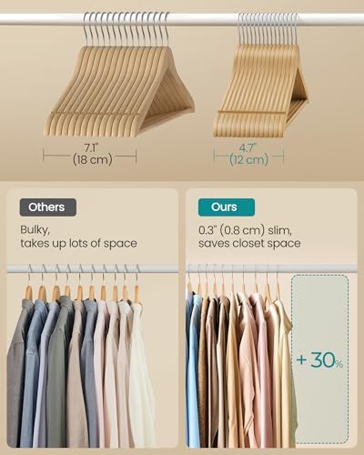 SONGMICS Wooden Hangers, 30 Pack, Basic Wood Clothes Hangers, Space Saving