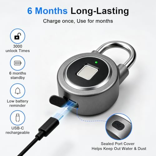 Fingerprint Padlock Gym Lock for Locker, Smart Padlock Finger Print Lock with...