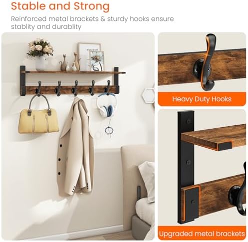 Homode Coat Rack Wall Mount, 29 Inch Long Shelf with Hooks, Rustic Brown