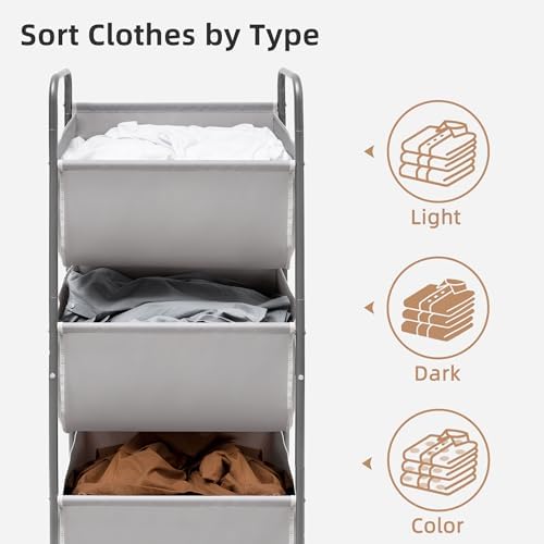 STORAGE MANIAC 120 Liters Vertical Rolling Laundry Hamper, 3 Section Laundry ...