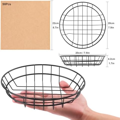 15 Pack 8 Inch Round Wire Bread Basket, Metal Fast Food Baskets with 50 Sheet...