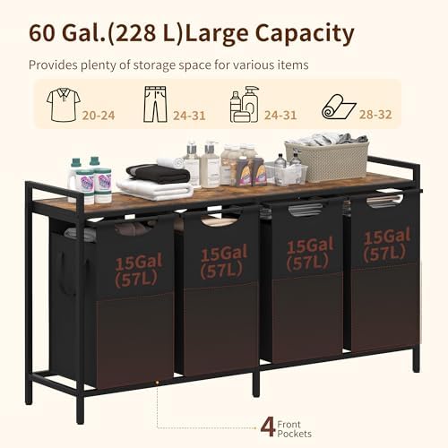 Heybly Laundry Hampers, 4 × 15Gal (228 L) Laundry Basket with Large Desktop S...