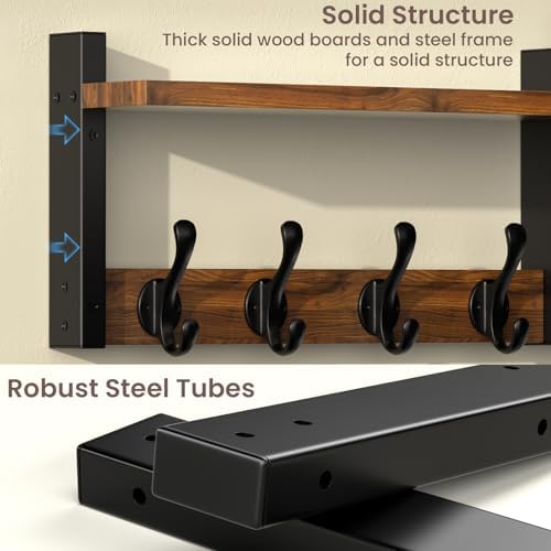 29'' Rustic Coat Rack Wall Mount with Shelf, Solid Wood Coat and Key ...