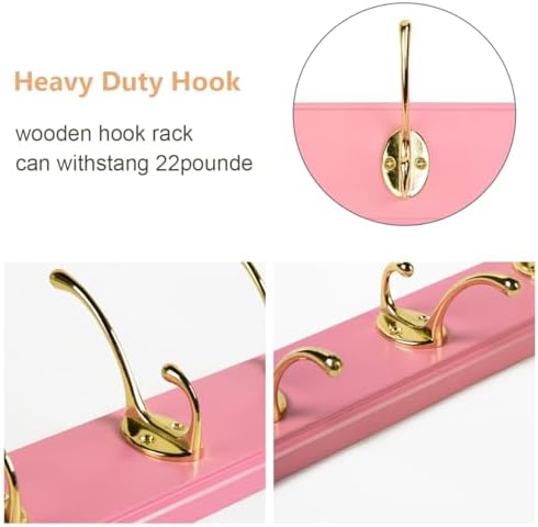 Wall Mount Bamboo Coat Rack, 17 Inch, 4 Double Hooks,2 Pack, Pink and Gold