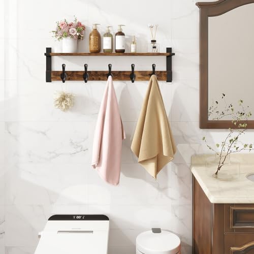 Homode Coat Rack Wall Mount, 29 Inch Long Shelf with Hooks, Rustic Brown