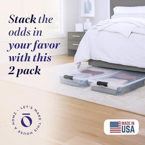 HOMZ Under Bed Clear Plastic Storage Bin w/Lid, 60 Qt, Gray Latch, 2 Pack