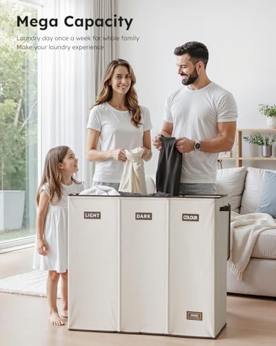 SOLEDI 200L 3-Section Laundry Hamper with Lid, Extra Large Dirty Clothes Bask...