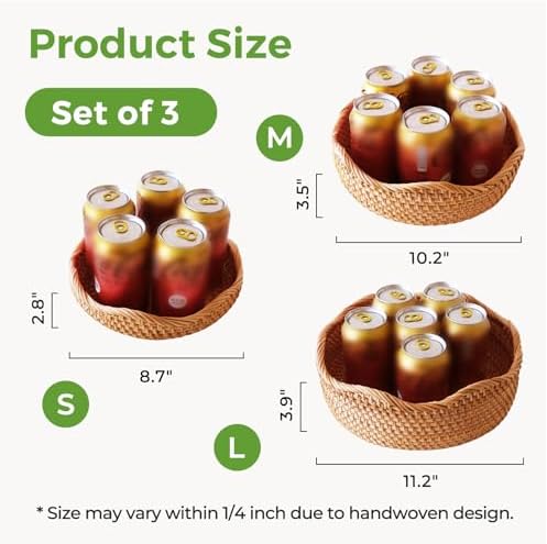 Round Rattan Bread Baskets for Serving, Wicker Fruit Baskets Storage Bowls