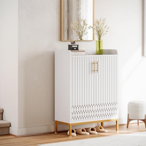 5-Tier Shoe Cabinet with Carved Lines Doors, Large Wooden Shoe Storage Cabine...