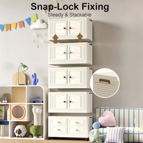 Foldable Storage Cabinet with Wheels & Lids, Large Capacity Closet Organi...