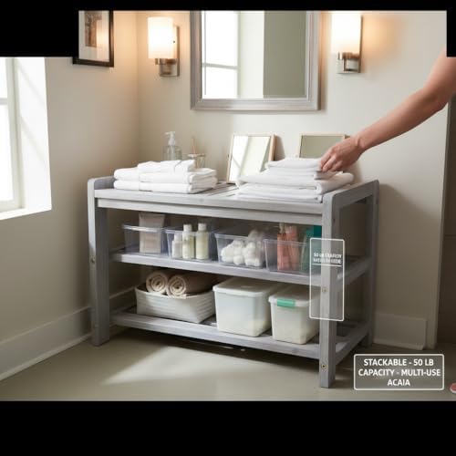 27-Inch 3-Tier Wooden Entryway Shoe Bench - Brush Grey