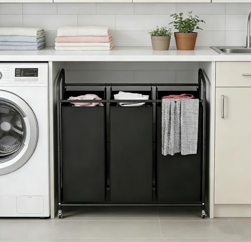 LINZINAR 3 Section Laundry Hamper Sorter, Black Laundry Basket with Wheels