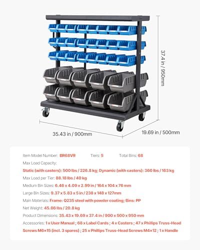 VEVOR 5-Tier Double-Sided Rolling Bin Storage Rack, 68 Plastic Bins, Dual-Sid...