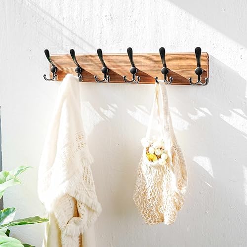 Dseap Coat Rack Wall Mounted - 24" Long 6 Tri Hooks, Heavy Duty Wooden W...