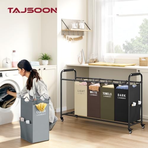 Tajsoon 5 Bag Laundry Sorter Cart, Laundry Hamper 5 Section, 5 Colors