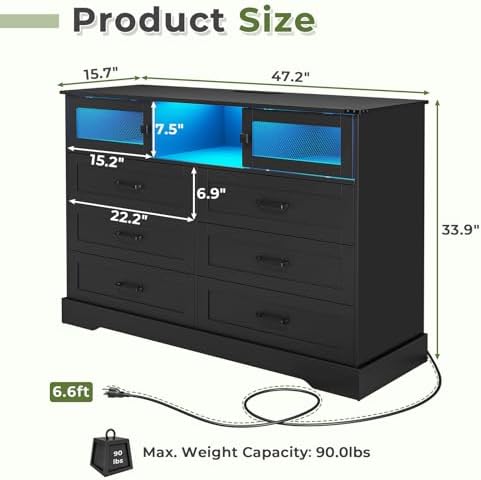 Hasuit 6 Drawer Dresser with LED Lights and Charging Station, Farmhouse Chest...