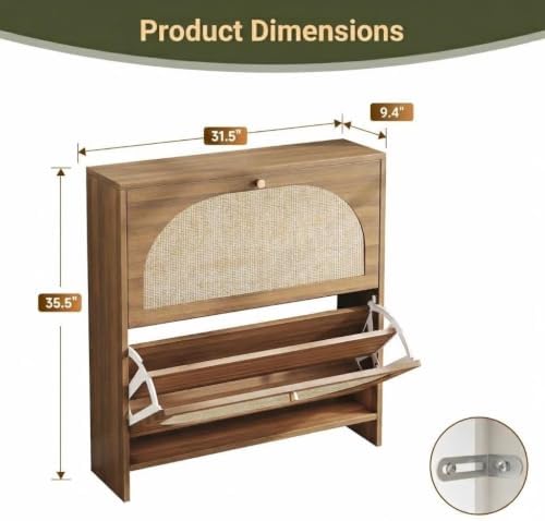 Rattan Shoe Cabinet with 2 Flip Drawers, Arched Accent Shoe Storage for Entry...