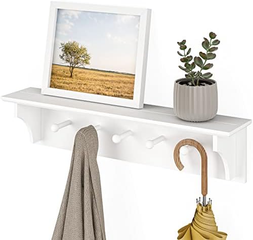 Ballucci Floating Coat and Hat Wall Shelf Rack, 5 Pegs Hook, 24", White