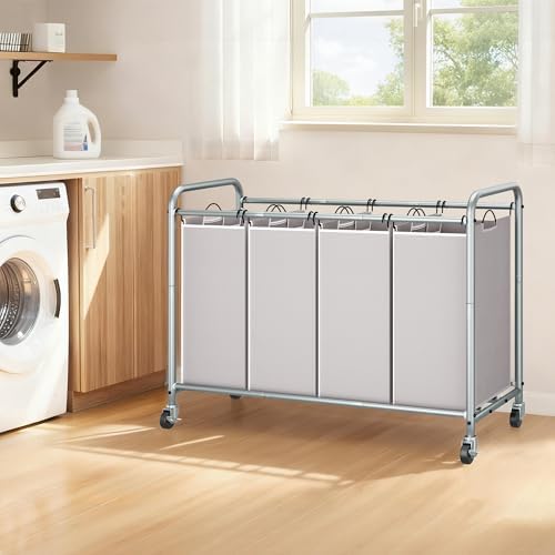STORAGE MANIAC 4 Section Laundry Sorter, Laundry Hamper with Wheels, Gray