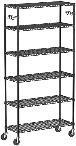Folews 6-Tier Metal Storage Shelf with Wheels NSF Wire Shelving Unit, Black