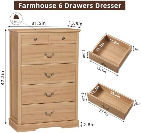 6 Drawer Dresser,Farmhouse Wood Chest of Drawers for Bedroom,47" Tall Dr...