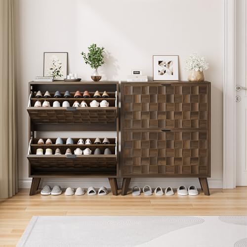 Smuxee Walnut Shoe Cabinet with 2 Flip Drawers, 29.6" Hidden Shoe Storag...