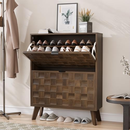 Smuxee Walnut Shoe Cabinet with 2 Flip Drawers, 29.6" Hidden Shoe Storag...
