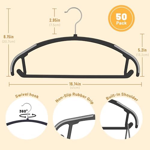 No-Bump Plastic Hangers, 50 Pack, Non-Slip Black