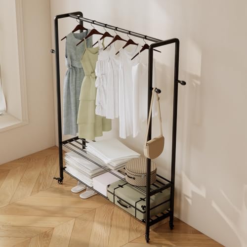 Black Rolling Garment Rack with Shelves and Hooks,Freestanding Metal Clothing...