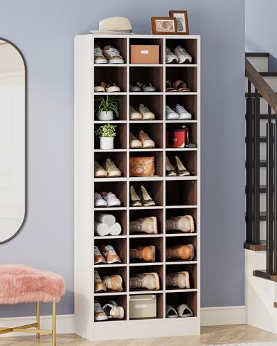 Tribesigns 10-Tier Shoe Storage Cabinet, White and Brown Wooden Shoe Rack wit...