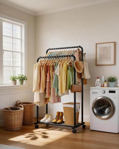 Sakugi Double Rod Clothes Rack Mesh Shelf & Hooks, 28.7x16.5x59.1, Black